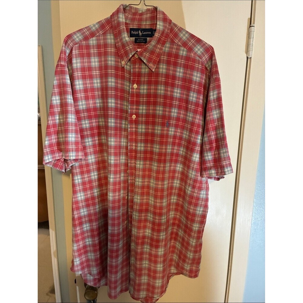 Ralph Lauren Red and White Plaid Short-Sleeve Button-Down Shirt
